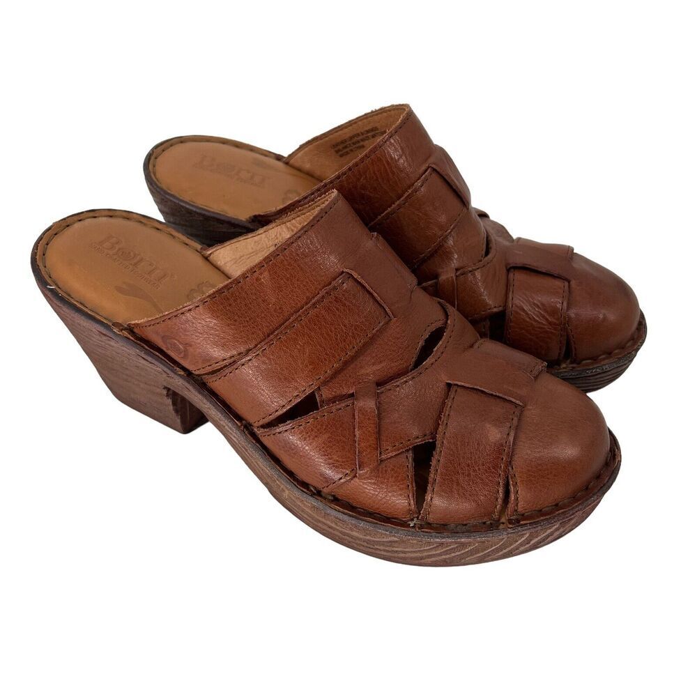Born Pollina Brown Woven Leather Block‎ Heel Slides Mules Sz 9